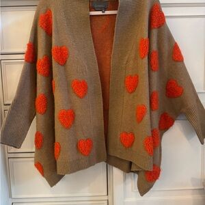 Anthropologie Tan Cardigan with Orange Hearts